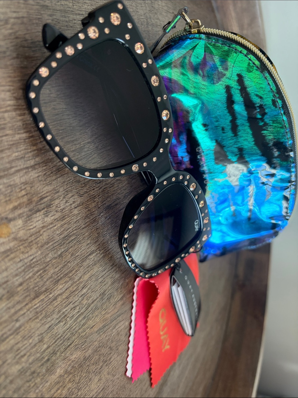 Quay Australia Black Crystal-Stud Square Sunglasses with Iridescent Pouch - Picture 2 of 13